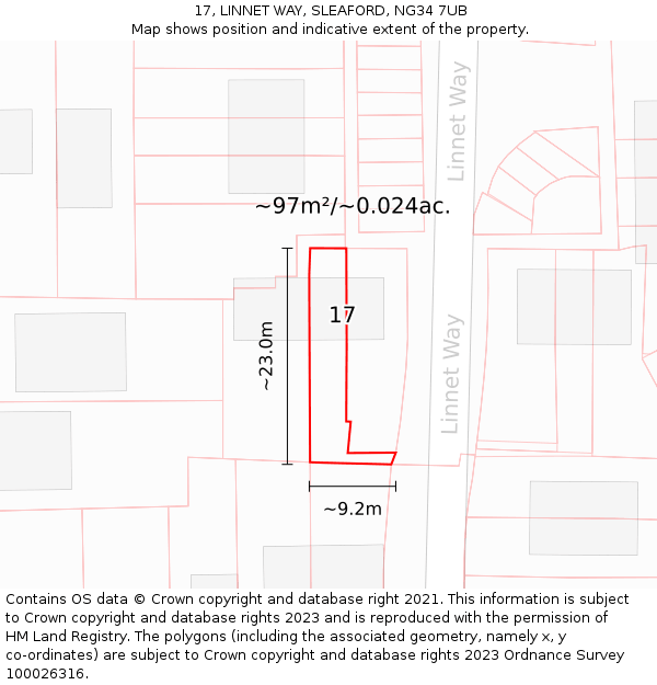 17, LINNET WAY, SLEAFORD, NG34 7UB: Plot and title map