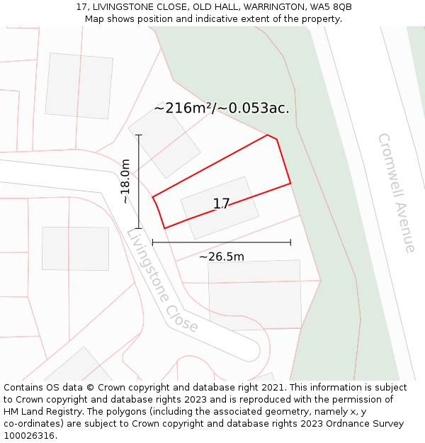 17, LIVINGSTONE CLOSE, OLD HALL, WARRINGTON, WA5 8QB: Plot and title map