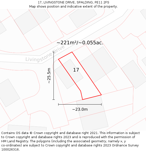 17, LIVINGSTONE DRIVE, SPALDING, PE11 2FS: Plot and title map