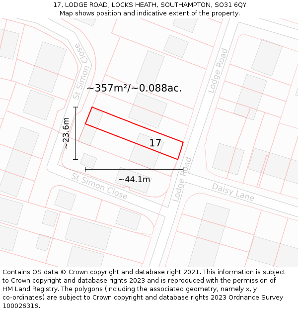 17, LODGE ROAD, LOCKS HEATH, SOUTHAMPTON, SO31 6QY: Plot and title map