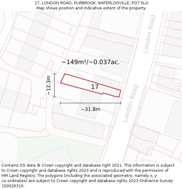 17, LONDON ROAD, PURBROOK, WATERLOOVILLE, PO7 5LG: Plot and title map