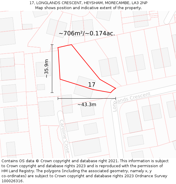 17, LONGLANDS CRESCENT, HEYSHAM, MORECAMBE, LA3 2NP: Plot and title map