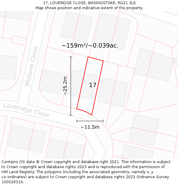 17, LOVERIDGE CLOSE, BASINGSTOKE, RG21 3LE: Plot and title map