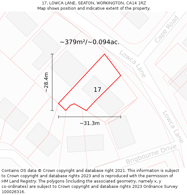 17, LOWCA LANE, SEATON, WORKINGTON, CA14 1RZ: Plot and title map