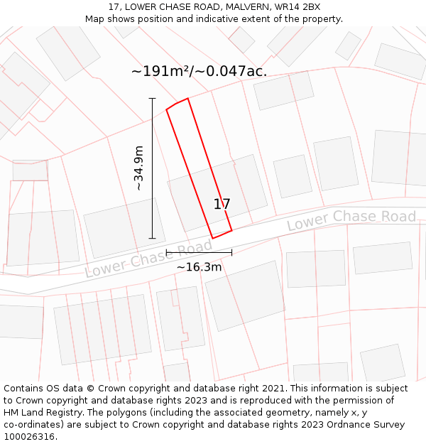 17, LOWER CHASE ROAD, MALVERN, WR14 2BX: Plot and title map