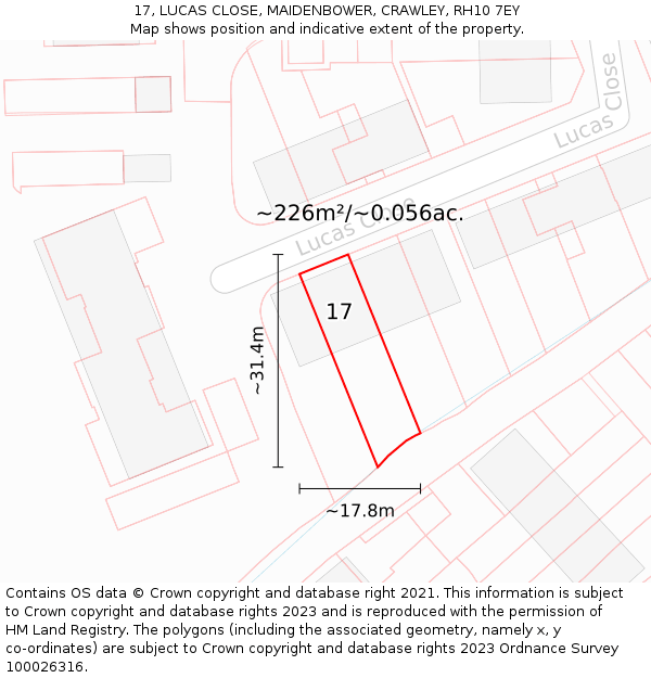 17, LUCAS CLOSE, MAIDENBOWER, CRAWLEY, RH10 7EY: Plot and title map