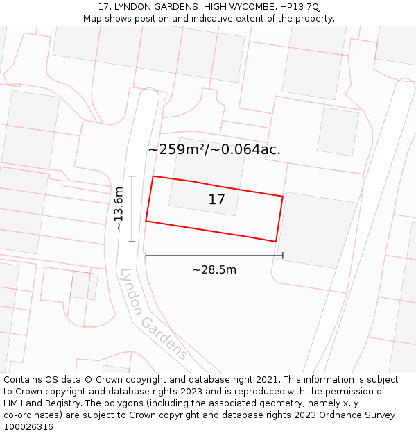 17, LYNDON GARDENS, HIGH WYCOMBE, HP13 7QJ: Plot and title map