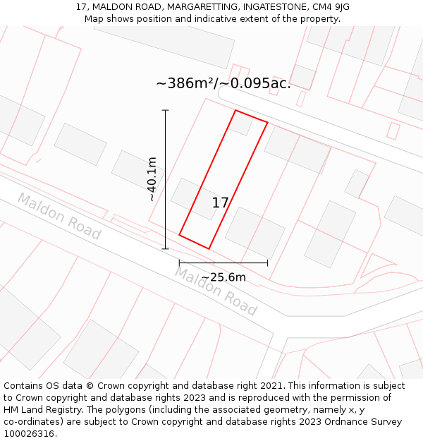 17, MALDON ROAD, MARGARETTING, INGATESTONE, CM4 9JG: Plot and title map