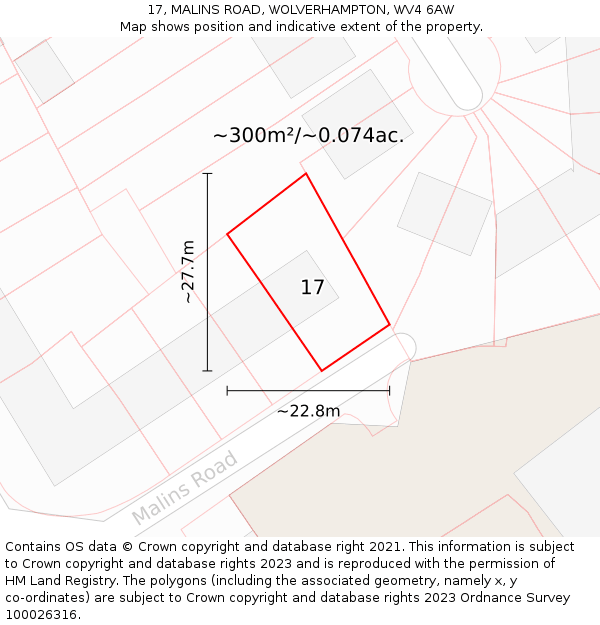 17, MALINS ROAD, WOLVERHAMPTON, WV4 6AW: Plot and title map