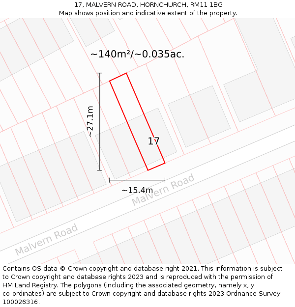 17, MALVERN ROAD, HORNCHURCH, RM11 1BG: Plot and title map