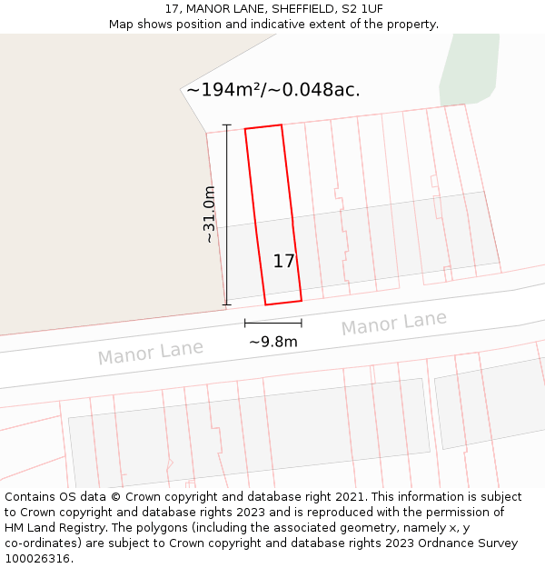 17, MANOR LANE, SHEFFIELD, S2 1UF: Plot and title map