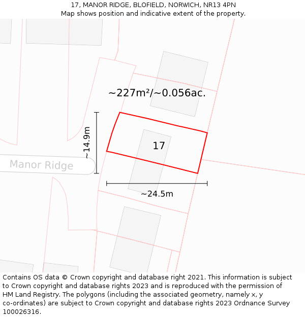 17, MANOR RIDGE, BLOFIELD, NORWICH, NR13 4PN: Plot and title map