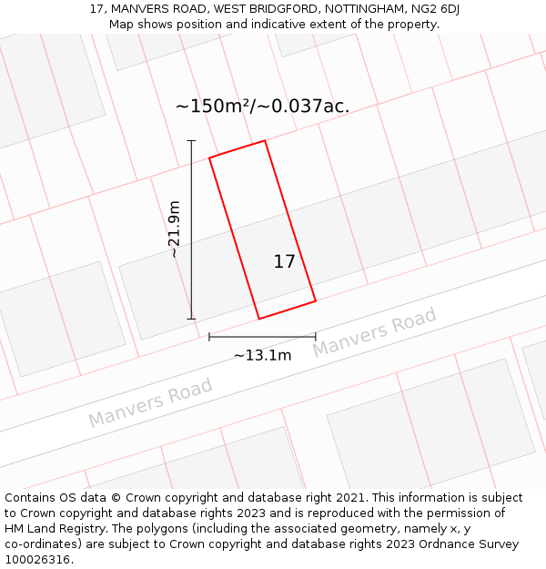 17, MANVERS ROAD, WEST BRIDGFORD, NOTTINGHAM, NG2 6DJ: Plot and title map