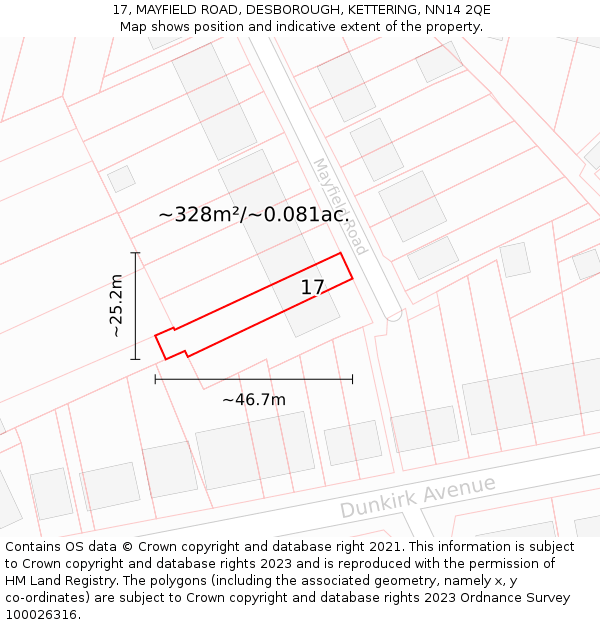 17, MAYFIELD ROAD, DESBOROUGH, KETTERING, NN14 2QE: Plot and title map