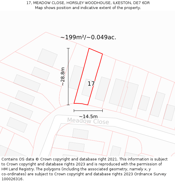 17, MEADOW CLOSE, HORSLEY WOODHOUSE, ILKESTON, DE7 6DR: Plot and title map