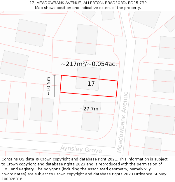 17, MEADOWBANK AVENUE, ALLERTON, BRADFORD, BD15 7BP: Plot and title map