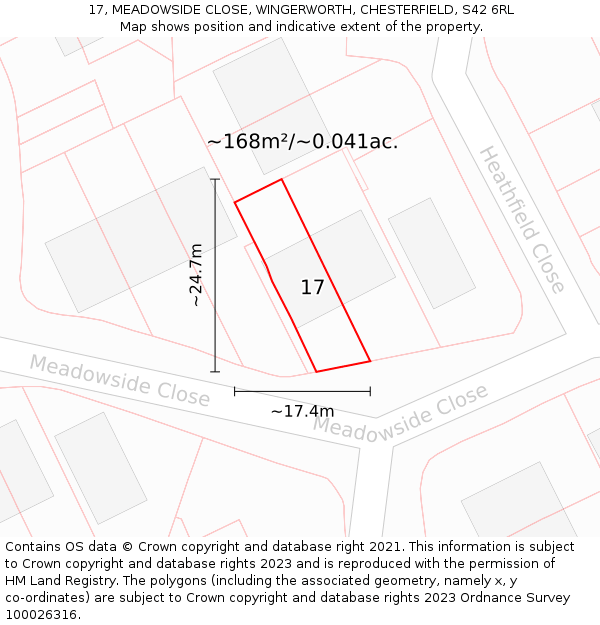 17, MEADOWSIDE CLOSE, WINGERWORTH, CHESTERFIELD, S42 6RL: Plot and title map