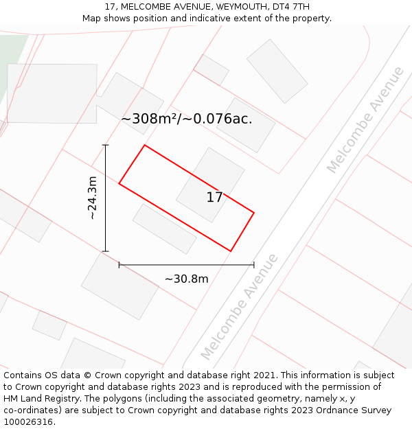 17, MELCOMBE AVENUE, WEYMOUTH, DT4 7TH: Plot and title map