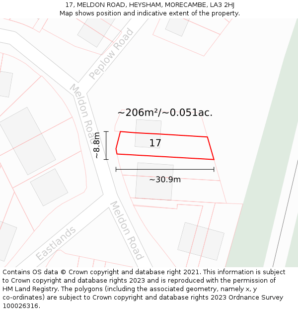17, MELDON ROAD, HEYSHAM, MORECAMBE, LA3 2HJ: Plot and title map