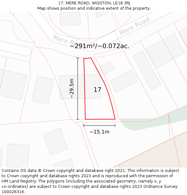 17, MERE ROAD, WIGSTON, LE18 3RJ: Plot and title map