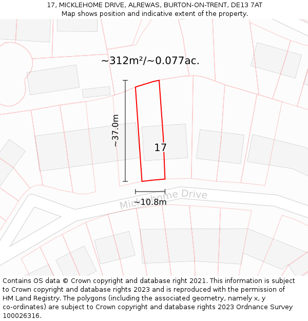 17, MICKLEHOME DRIVE, ALREWAS, BURTON-ON-TRENT, DE13 7AT: Plot and title map