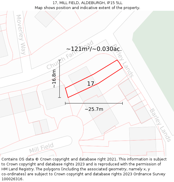 17, MILL FIELD, ALDEBURGH, IP15 5LL: Plot and title map