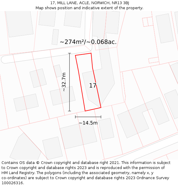 17, MILL LANE, ACLE, NORWICH, NR13 3BJ: Plot and title map