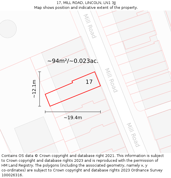 17, MILL ROAD, LINCOLN, LN1 3JJ: Plot and title map