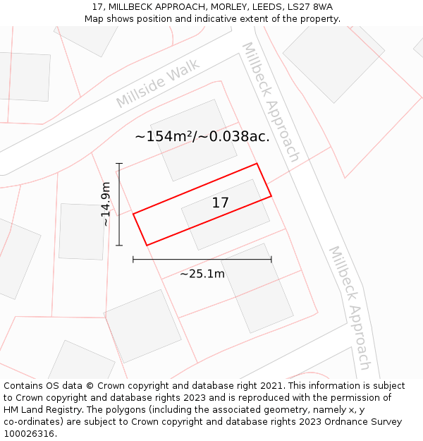 17, MILLBECK APPROACH, MORLEY, LEEDS, LS27 8WA: Plot and title map