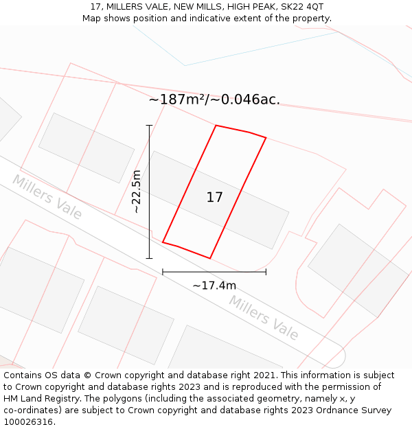 17, MILLERS VALE, NEW MILLS, HIGH PEAK, SK22 4QT: Plot and title map