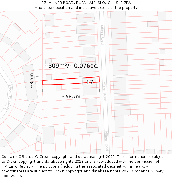 17, MILNER ROAD, BURNHAM, SLOUGH, SL1 7PA: Plot and title map