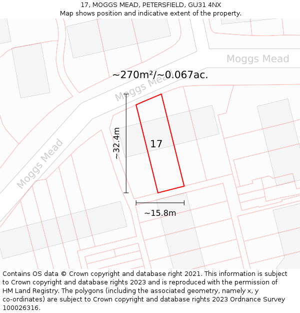 17, MOGGS MEAD, PETERSFIELD, GU31 4NX: Plot and title map