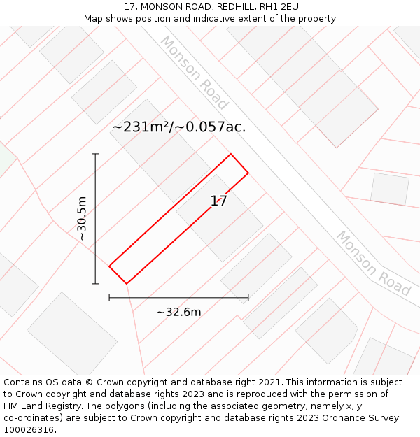 17, MONSON ROAD, REDHILL, RH1 2EU: Plot and title map