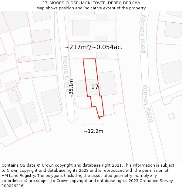 17, MOORS CLOSE, MICKLEOVER, DERBY, DE3 0AA: Plot and title map