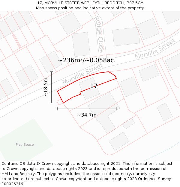 17, MORVILLE STREET, WEBHEATH, REDDITCH, B97 5GA: Plot and title map