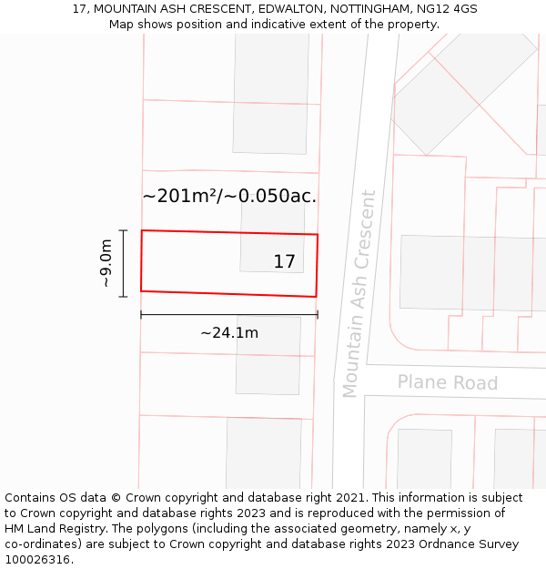 17, MOUNTAIN ASH CRESCENT, EDWALTON, NOTTINGHAM, NG12 4GS: Plot and title map