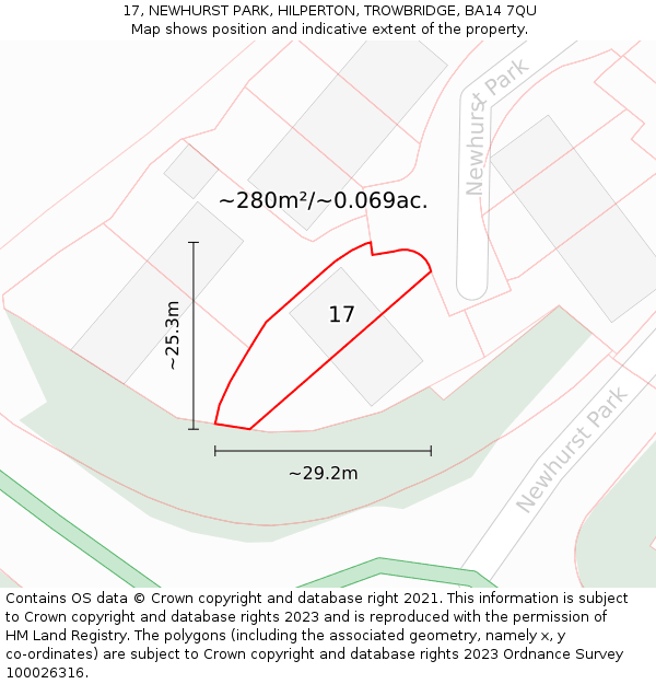 17, NEWHURST PARK, HILPERTON, TROWBRIDGE, BA14 7QU: Plot and title map