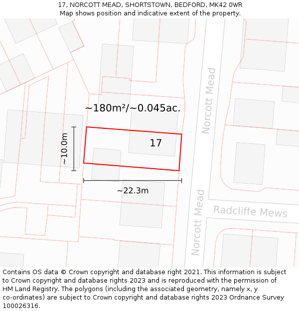 17, NORCOTT MEAD, SHORTSTOWN, BEDFORD, MK42 0WR: Plot and title map