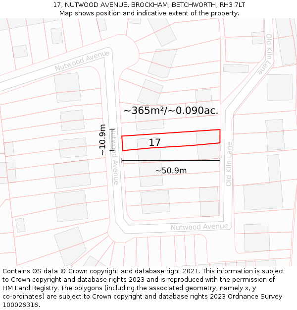 17, NUTWOOD AVENUE, BROCKHAM, BETCHWORTH, RH3 7LT: Plot and title map