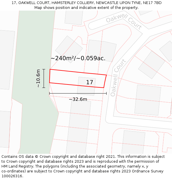 17, OAKWELL COURT, HAMSTERLEY COLLIERY, NEWCASTLE UPON TYNE, NE17 7BD: Plot and title map