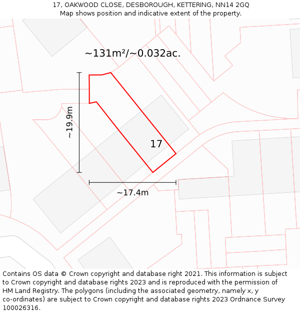 17, OAKWOOD CLOSE, DESBOROUGH, KETTERING, NN14 2GQ: Plot and title map