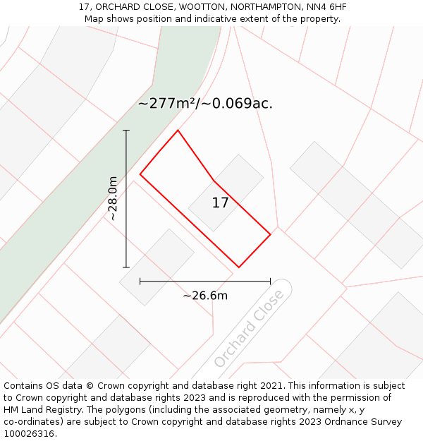 17, ORCHARD CLOSE, WOOTTON, NORTHAMPTON, NN4 6HF: Plot and title map