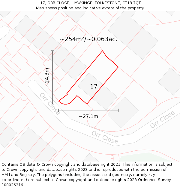 17, ORR CLOSE, HAWKINGE, FOLKESTONE, CT18 7QT: Plot and title map