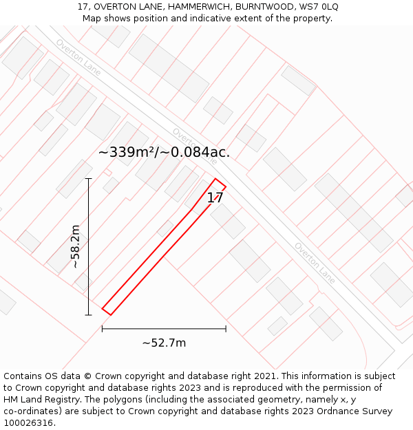 17, OVERTON LANE, HAMMERWICH, BURNTWOOD, WS7 0LQ: Plot and title map