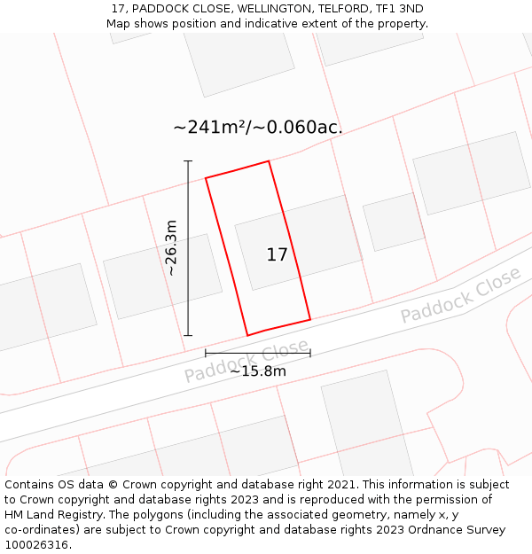 17, PADDOCK CLOSE, WELLINGTON, TELFORD, TF1 3ND: Plot and title map