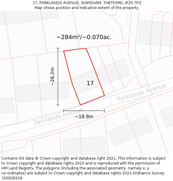 17, PARKLANDS AVENUE, SHIPDHAM, THETFORD, IP25 7PZ: Plot and title map