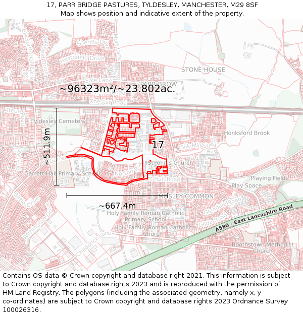17, PARR BRIDGE PASTURES, TYLDESLEY, MANCHESTER, M29 8SF: Plot and title map