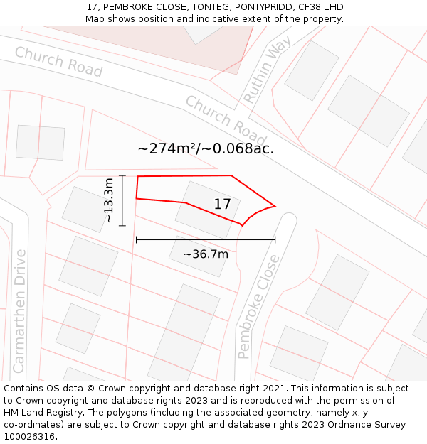 17, PEMBROKE CLOSE, TONTEG, PONTYPRIDD, CF38 1HD: Plot and title map