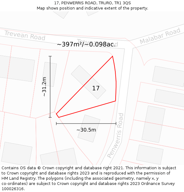 17, PENWERRIS ROAD, TRURO, TR1 3QS: Plot and title map