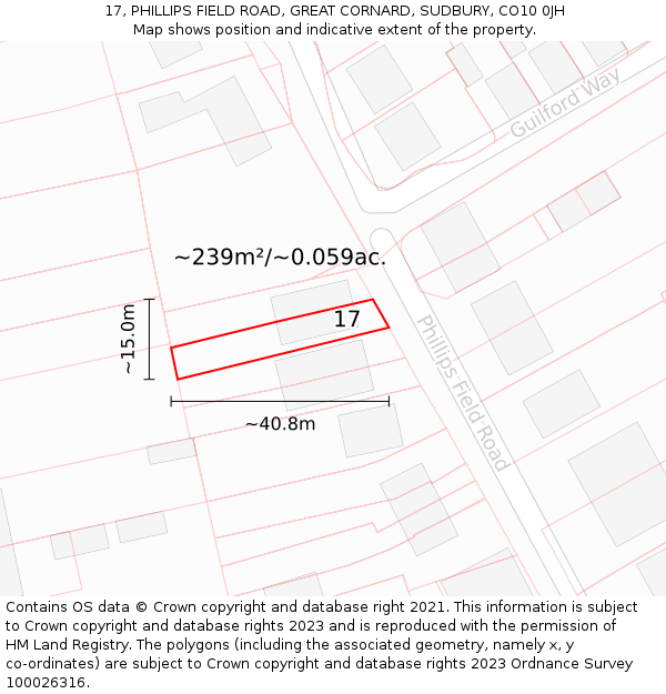 17, PHILLIPS FIELD ROAD, GREAT CORNARD, SUDBURY, CO10 0JH: Plot and title map